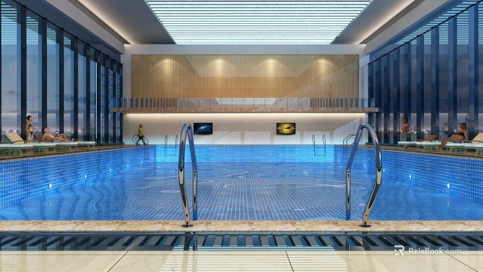 Indoor Swimming Pool With Blue Water Stainless Steel Ladders Wooden Walls And Large Windows 3d model 