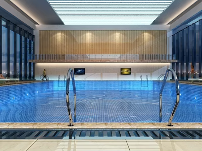 Indoor Swimming Pool With Blue Water Stainless Steel Ladders Wooden Walls And Large Windows 3d model
