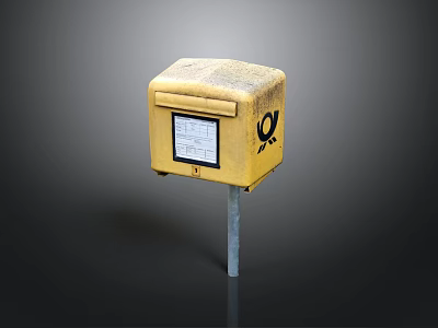 Yellow Weathered Mailbox On Metal Pole With Text And Logo 3d model