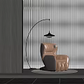 Elegant Modern Single Sofa With Plush Beige Upholstery And Arched Floor Lamp Against White Blinds