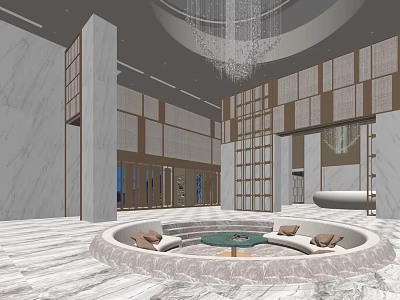 Elegant Modern Hotel Lobby Interior With Marble Floor Circular Seating Area And Chandelier 3d model