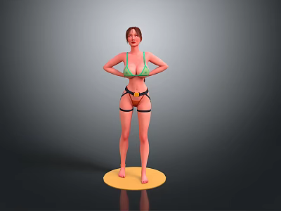 Woman in Green Bikini and Black Bottoms on Yellow Circular Platform Against Gray Gradient Background 3d model