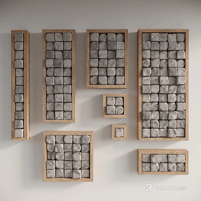 Modern Wooden Framed Wall Decor With Gray Square Tiles In Multiple Sizes 3d model