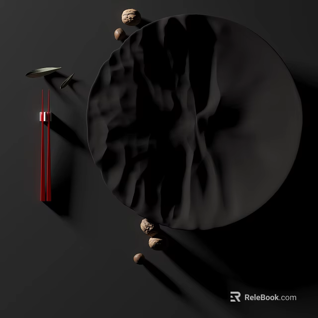 Minimalist Tableware Set With Black Textured Plate Red Chopsticks And Nuts On Dark Background 3d model 