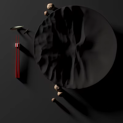 Minimalist Tableware Set With Black Textured Plate Red Chopsticks And Nuts On Dark Background 3d model