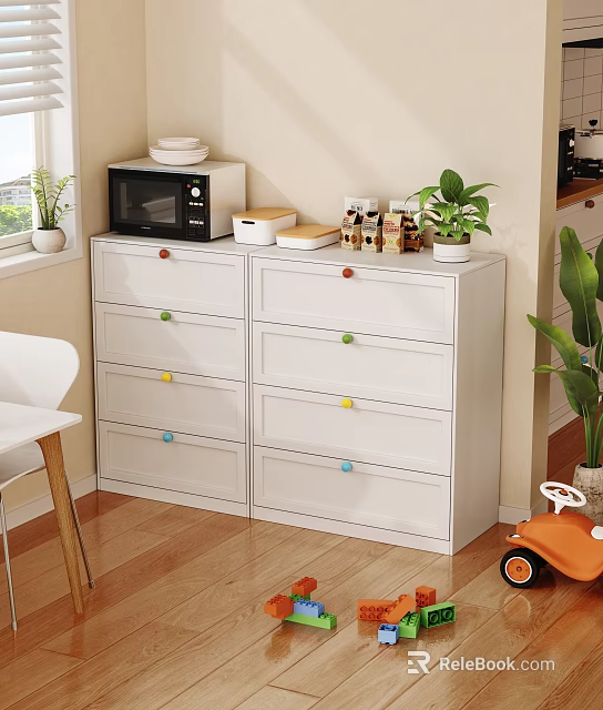 White Chest of Drawers with Colorful Knobs Microwave Dishes Jars Potted Plant on Wooden Floor 3d model 