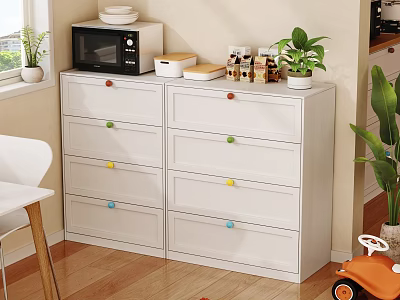 White Chest of Drawers with Colorful Knobs Microwave Dishes Jars Potted Plant on Wooden Floor 3d model