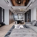 Modern Dining and Living Room Interior With Gray Sofa Marble Coffee Table And Chandelier