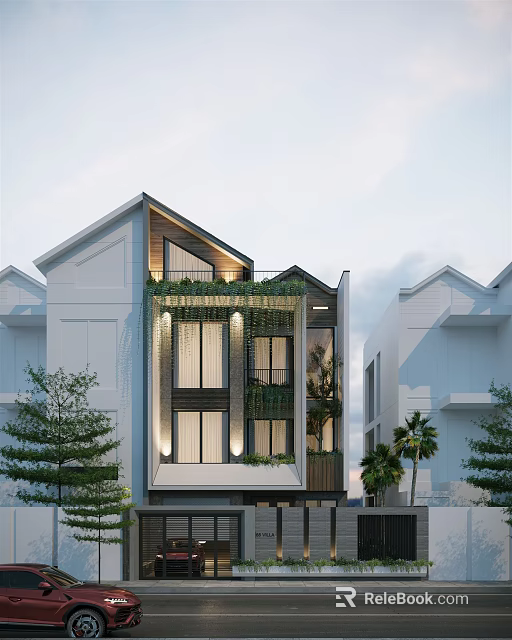 Modern Detached Villa with Modern Exterior Greenery Large Windows and Surrounding Trees 3d model 