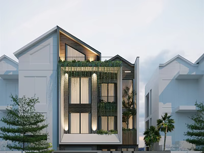 Modern Detached Villa with Modern Exterior Greenery Large Windows and Surrounding Trees 3d model
