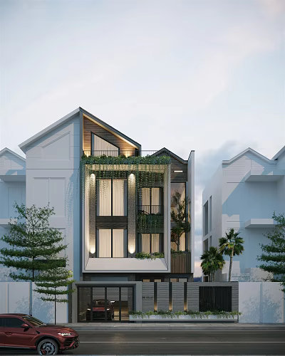 Modern Detached Villa with Modern Exterior Greenery Large Windows and Surrounding Trees 3d model