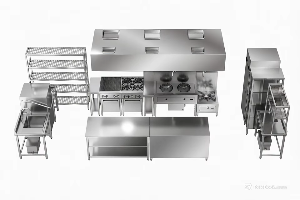 Stainless Steel Commercial Kitchen Appliances With Stove Range Hood Shelves And Worktables 3d model 