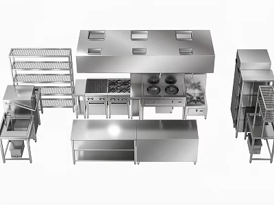 Stainless Steel Commercial Kitchen Appliances With Stove Range Hood Shelves And Worktables 3d model