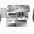 Stainless Steel Commercial Kitchen Appliances With Stove Range Hood Shelves And Worktables