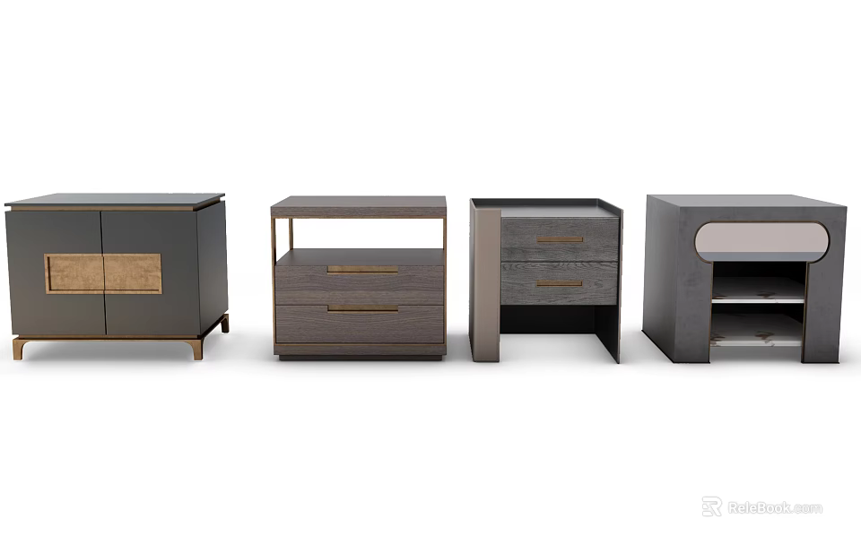 Modern Bedroom Nightstands Featuring Various Designs Wooden Drawers And Shelves 3d model 