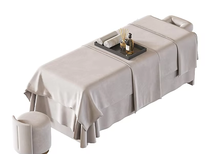 Comfortable Massage Table Setup With Tray Towels Aromatherapy Bottles And Stool 3d model