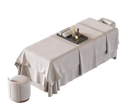 Comfortable Massage Table Setup With Tray Towels Aromatherapy Bottles And Stool 3d model