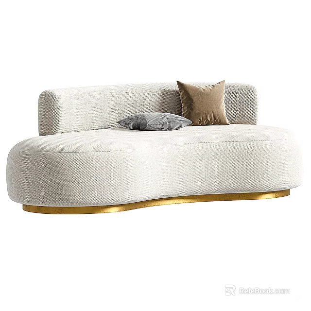 Beige Double Sofa with Plush Fabric Upholstery and Gray Brown Pillows on Gold Base 3d model 