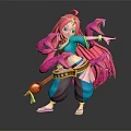 Game and Movie Character Featuring Pink Long Hair Blue Top Brown Pants Holding Musical Instrument