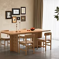 Quiet Original Wood Style Dining Table and Chair Combination Solid Wood Dining Table Wooden Dining Chair Long Dining Table Log Style Dining Room Middle Ancient Decorative Painting Vase Flower Art Dried Branches 3d model