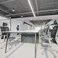 Open Public Office Space With Modern Desks Office Chairs Pendant Lights Large Windows And Glass Partitions