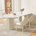 Modern Dining Table Set with Oval Marble Top and Six White Chairs 3d model