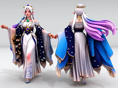 Woman In Elaborate Traditional Costume With Long Purple Blue Hair And Ornate Headdress 3d model