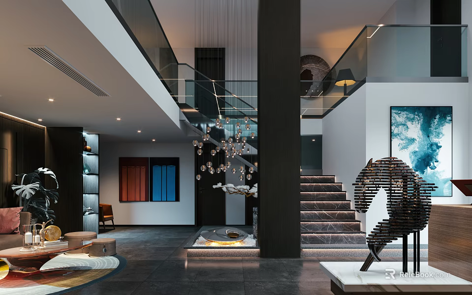 Modern Clubhouse Grand Lobby With Sculptural Artwork And Statement Chandelier 3d model 