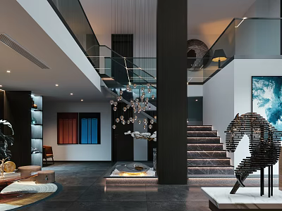 Modern Clubhouse Grand Lobby With Sculptural Artwork And Statement Chandelier 3d model
