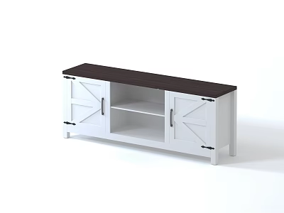 White TV Stand With Dark Wood Top And Barn Doors Open Storage Shelf 3d model