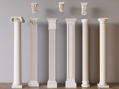 White Roman Columns with Various Decorative Capitals and Fluted Shaft Designs 3d model