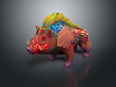 Mythical Boar Game Character With Floral Mane Mushroom Details And Vibrant Colors 3d model