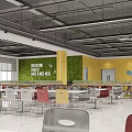 Bright Cafeteria Interior With Yellow Wall Tables Chairs And Ceiling Lights 3d model