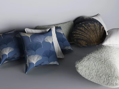Modern Blue Throw Pillows With Ginkgo Leaf Patterns And Fuzzy Textures 3d model