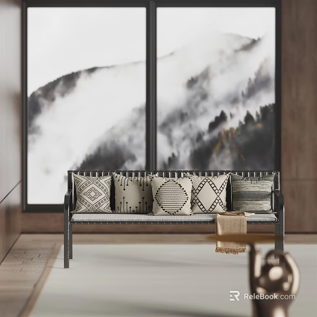 Public Bench With Geometric Pattern Cushions By Mountain View Window 3d model