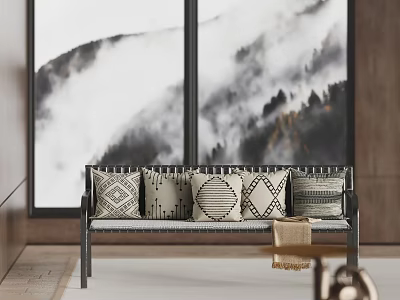 Public Bench With Geometric Pattern Cushions By Mountain View Window 3d model