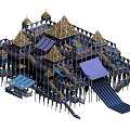 Castle Themed Playground Equipment With Multiple Slides On Beach At Sunset With Clouds 3d model