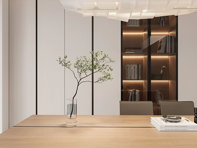 Modern Study Room Interior With Wooden Table Potted Plant Bookshelf And Warm Lighting 3d model