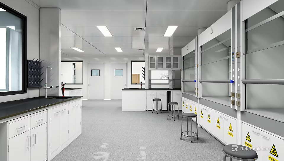 Modern Laboratory With Open Layout White Cabinets Lab Benches Fume Hoods Stools And Warning Signs 3d model 