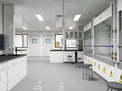 Modern Laboratory With Open Layout White Cabinets Lab Benches Fume Hoods Stools And Warning Signs 3d model