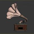 Vintage Gramophone With Brass Horn Wooden Base Turntable And Vinyl Record