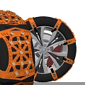 Car Winter Safety Orange Tire Chains Fitted On Silver Alloy Wheels