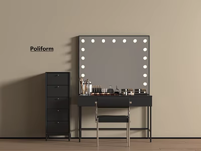Poliform Perfume And Cosmetics On Black Dressing Table With Lighted Mirror And Drawer Cabinet 3d model