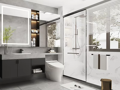 Modern Bathroom Interior With Large Mirror Vanity White Toilet Glass Shower And Marble Accents 3d model