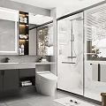 Modern Bathroom Interior With Large Mirror Vanity White Toilet Glass Shower And Marble Accents