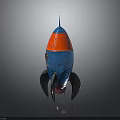 Vibrant Red And Blue Rocket Model With Silver Fins On Reflective Dark Background