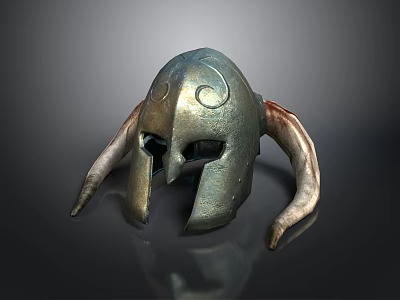 Intricate Metallic Helmet Carving Sculpture With Curved Designs And Horn Like Structures 3d model
