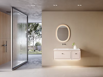 Modern Bathroom Vanity Cabinet With Round Mirror Light Colored Walls And Shower Enclosure 3d model