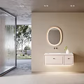 Modern Bathroom Vanity Cabinet With Round Mirror Light Colored Walls And Shower Enclosure