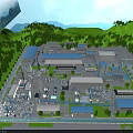 Aerial View of Industrial Plant Surrounded by Green Hills With Multiple Buildings and Industrial Equipment